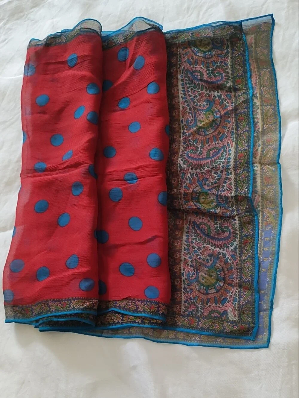 Sheer Silk Paisley Wrap Scarf in Red and Blue